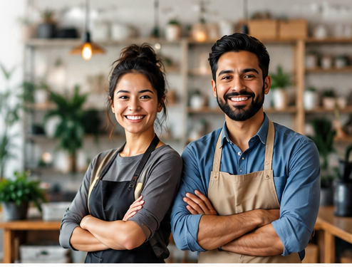 Entrepreneurs standing inside a small business